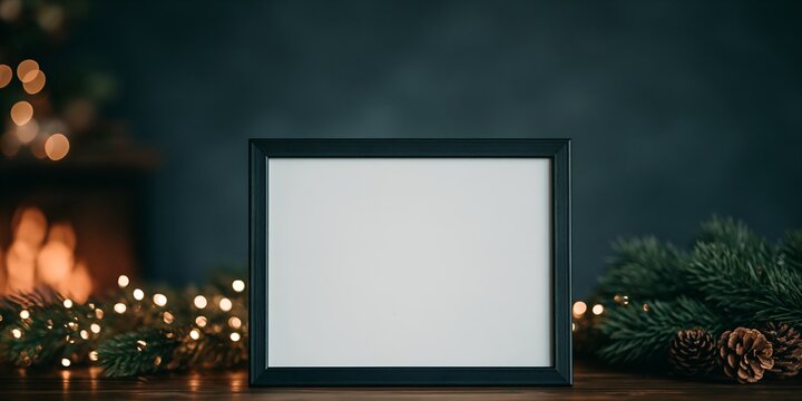 Black photo frame with blank canvas, surrounded by festive lights and pine decor