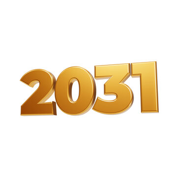 Metallic golden three dimensional figures displaying the year 2031 against a dark black background numbers isolated on a transparent background