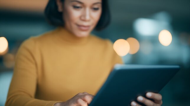 Woman with dark hair in a yellow turtleneck looks down at a tablet