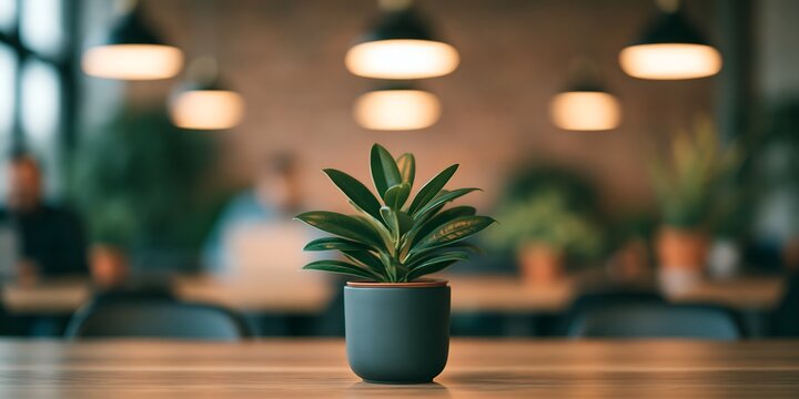 Single houseplant on a cafe table under soft ambient lighting