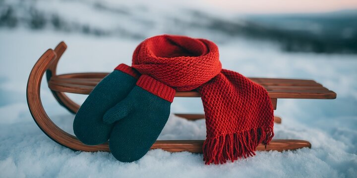 Wooden sled with red scarf and green mittens covered in snow