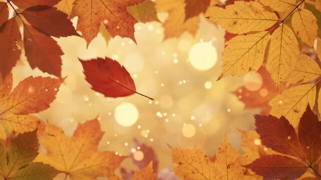 Autumn leaves border frame with golden bokeh background