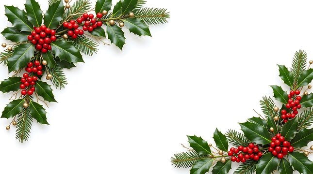 Festive christmas holly branches with red berries on a white background