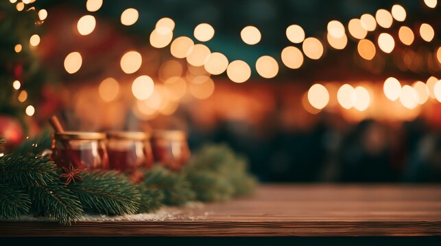 Festive scene with blurred lights and greenery on wood