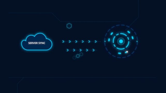 Abstract Server Sync Cloud and Digital HUD Interface Data Transfer Concept on Dark Blue Tech Background