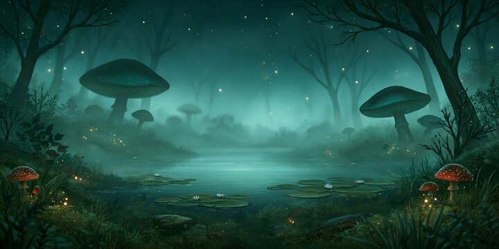 Enchanted woodland with bioluminescent fungi and still water reflecting stars