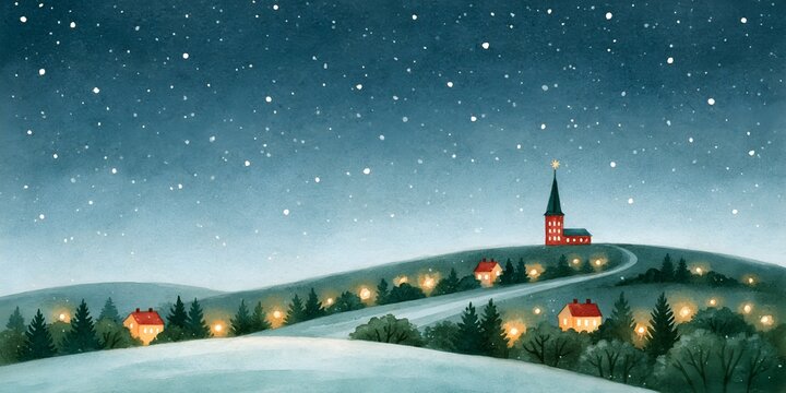 Starry winter night and snow-covered hills