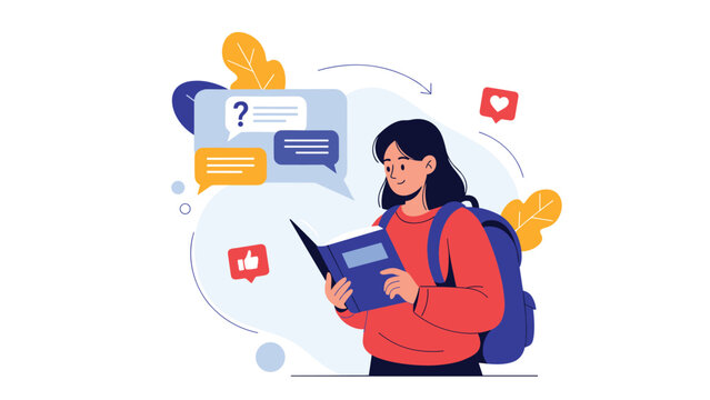 Young female student holding open textbook while preparing for exam and learning new subject.