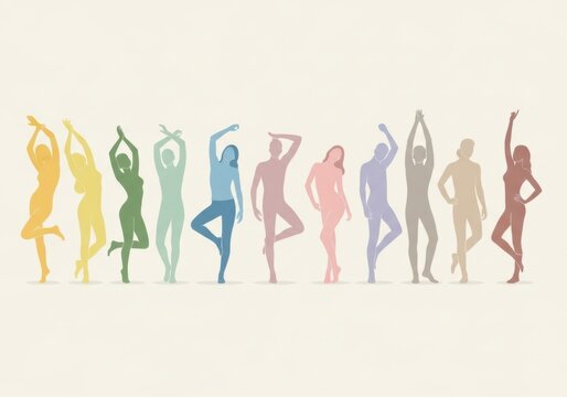 Silhouettes of people in various yoga poses and dance movements in colorful gradient style