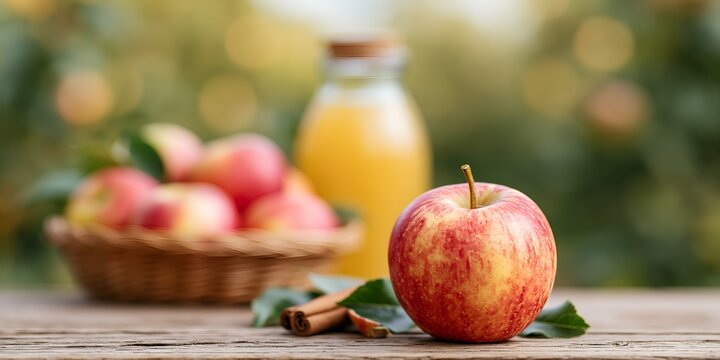 Apple and cider on rustic wooden surface
