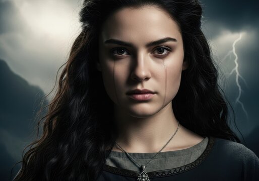 Portrait of a young woman with dark hair and tearstained cheeks against a stormy sky