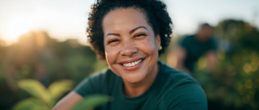 Smiling woman in garden at golden hour