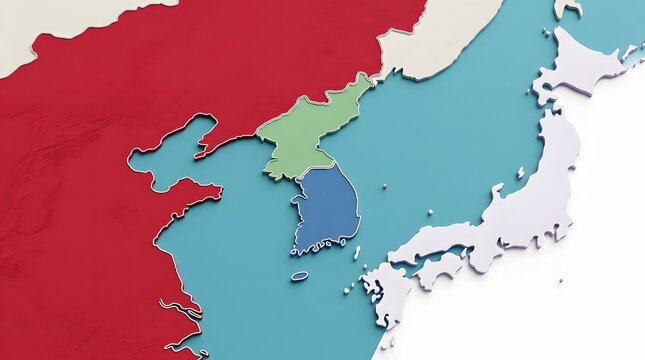 Three dimensional map of East Asia featuring Japan, South Korea, North Korea and China in bright colored flat relief style.