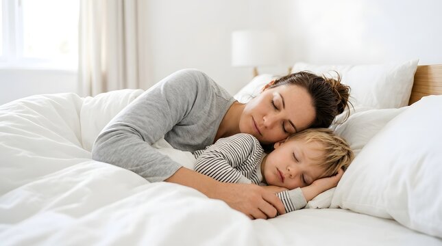 Caring young mother sleeping peacefully beside her small toddler son in comfortable white bed linen during a calm morning nap