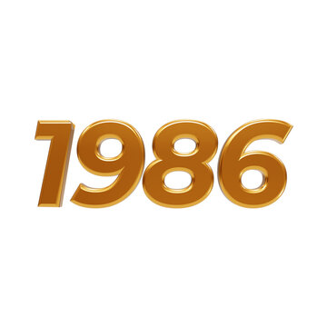 Three dimensional gold metal numerals showing the year nineteen eighty-six on a plain black background isolated on a transparent background