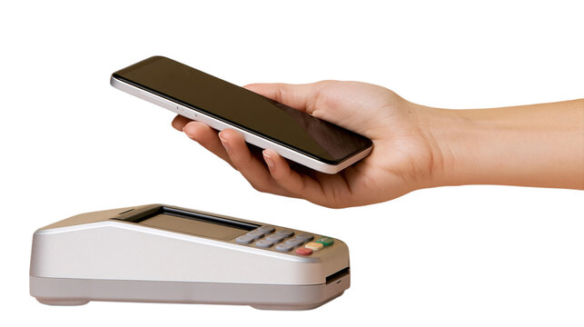 Person using mobile phone for contactless payment transaction at card reader device