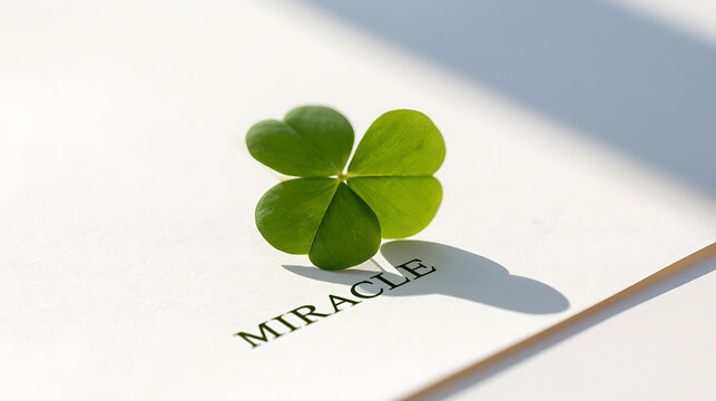 Four leaf clover Trifolium repens with miracle word on white paper background, concept of luck, hope, success, fortune, prosperity, nature