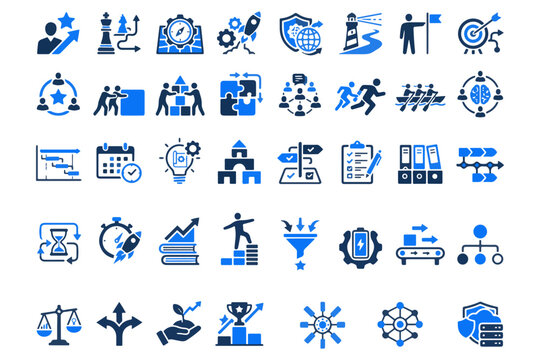 Collection of blue line icons representing business technology and modern concepts