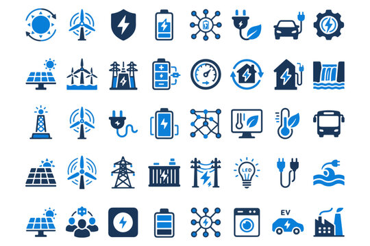 Collection of blue energy and sustainability icons representing renewable power sources