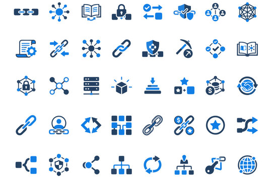 Collection of blue technology and business icons on a light background