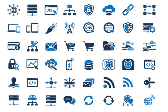 Collection of modern blue technology and business related vector icons