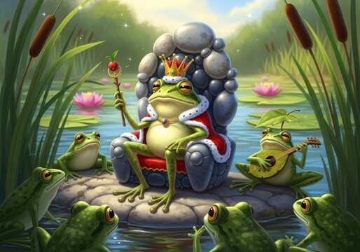 A whimsical illustration of a frog king sitting on a stone throne in a pond surrounded by frogs