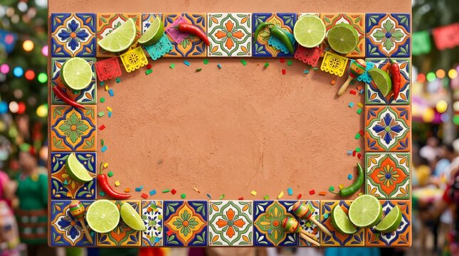 Festive frame features colorful Mexican talavera tiles decorated with fresh green limes, spicy red chili peppers and traditional wooden maracas