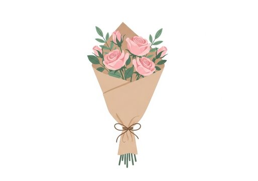 A beautiful bouquet of pink roses wrapped in brown craft paper isolated on white background