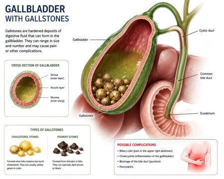 Gallbladder with Gallstones Medical Anatomy Infographic Showing Cholelithiasis and Bile Ducts