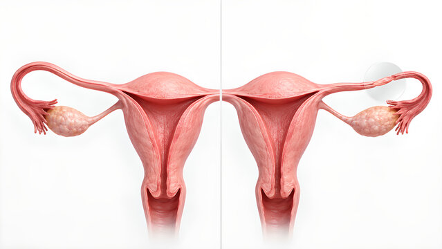 Fallopian Tube Blockage Comparison Medical Illustration Showing Normal and Obstructed Tubal Anatomy with Uterus and Ovaries for Gynecology, Infertility, Healthcare and Patient Education