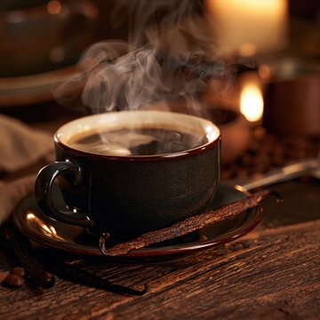 Warm coffee cup steaming with vanilla beans on rustic wood background
