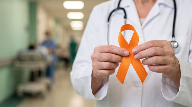 Doctor holding an orange ribbon representing leukemia awareness in a hospital corridor