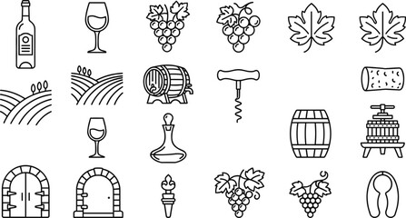 Fototapeta premium Wine related elements including bottles glasses vines and barrels in a linear style