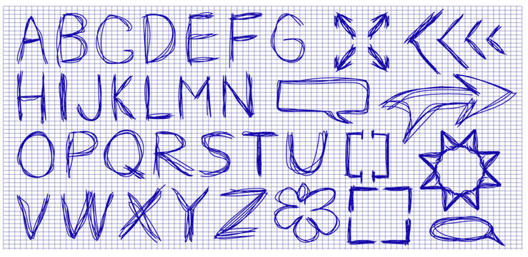 A collection of hand-drawn letters from A to Z is displayed on graph paper. Various shapes and arrows are also included. The style is simple and informal, created with blue ink.