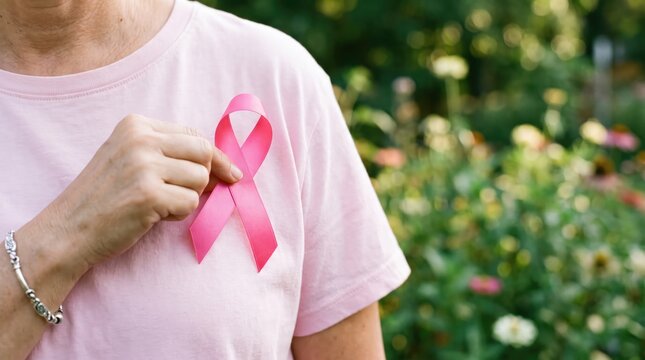 Woman wearing a pink ribbon symbolizing breast cancer awareness and support outdoors