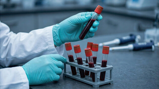 Gloved laboratory worker holding a blood sample tube