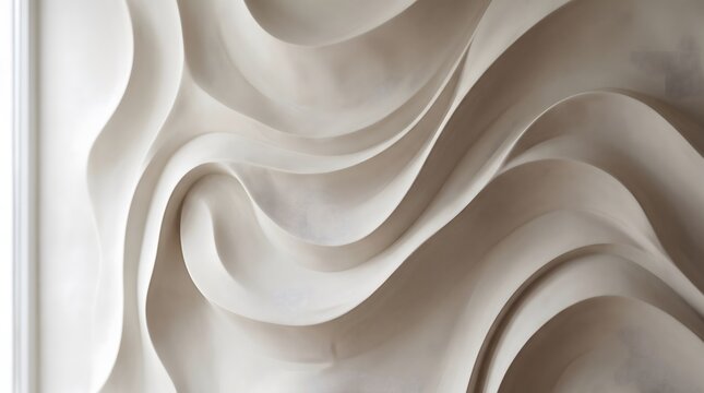 Abstract background of undulating white plaster waves creating a serene and modern sculptural wall art for interiors.