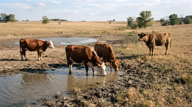Cows Drinking at a Drying Watering Hole During Drought, Livestock Facing Water Scarcity