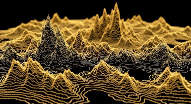 Topographic terrain map shows golden wireframe mountains on a black background.