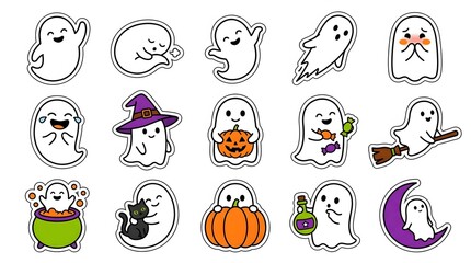 Fototapeta premium A charming collection of cute hand drawn halloween ghosts and pumpkins on a clear transparent background