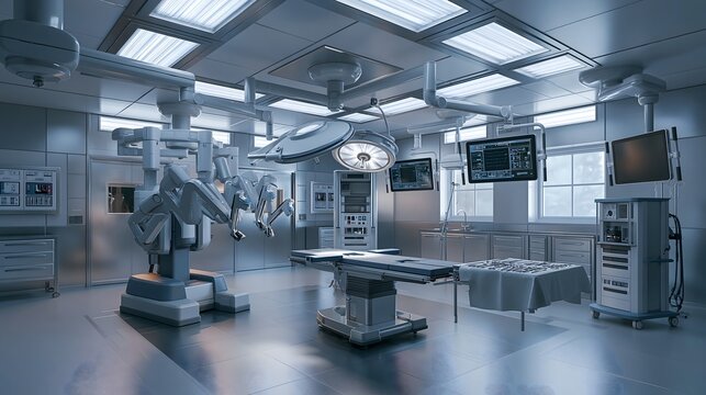 Modern hospital operating room prepared for advanced surgical procedures with sophisticated medical technology sterile equipment bright lighting and no medical staff present