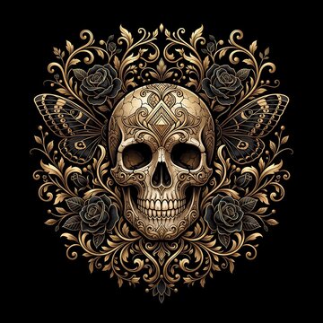Ornate gold skull with moth wings and floral filigree isolated on black background
