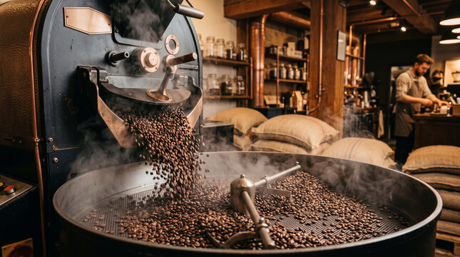 Close up of dark freshly roasted coffee beans pouring in a cascade from vintage industrial coffee roaster machine into large metal cooling tray, with steam rising, burlap sacks