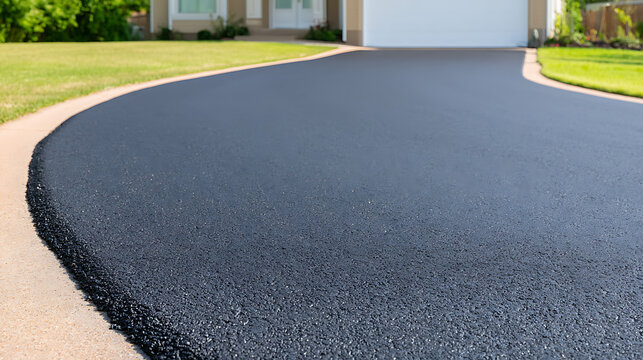 Freshly paved black asphalt driveway with clean edges and smooth surface leading toward a modern suburban residential home garage and green lawn