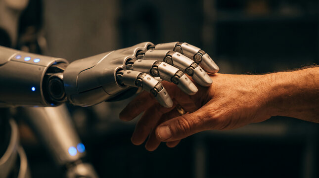 A metallic robotic hand gently touches a human hand, symbolizing the convergence of technology and humanity, representing progress and connection.