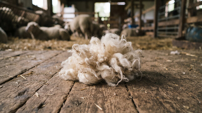 Close-up of a pile of raw wool on weathered wooden planks, representing natural fibers, agriculture, and rustic textures, evoking pastoral life.