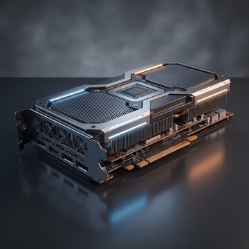 A futuristic high-performance graphics card is displayed against a dark smoky background. The card features a robust metal housing, large cooling fans, and illuminated accents, giving it a premium and