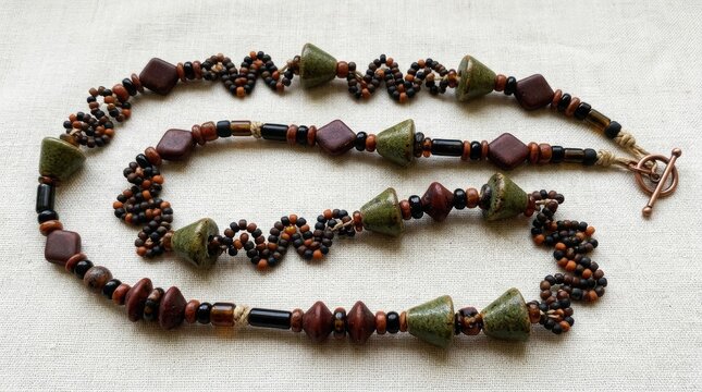 Beautifully detailed handcrafted necklaces feature distinctive floral and geometric beadwork arranged artfully on a simple and understated neutral colored background
