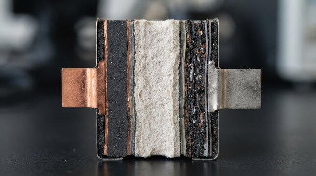 Battery cross-section with ceramic separator, metallic terminals, and layered interfaces designed to resist thermal runaway.