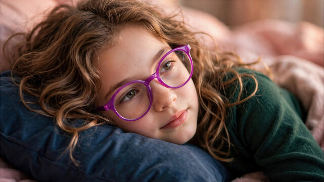 Thoughtful girl wearing purple glasses in a close portrait